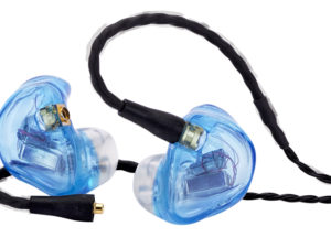 A pair of light blue Westone Audio ES50 Earphones, harmoniously accompanied by attached audio cables