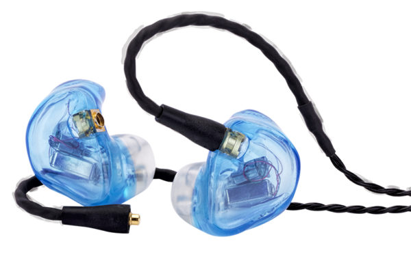 A pair of light blue Westone Audio ES50 Earphones, harmoniously accompanied by attached audio cables