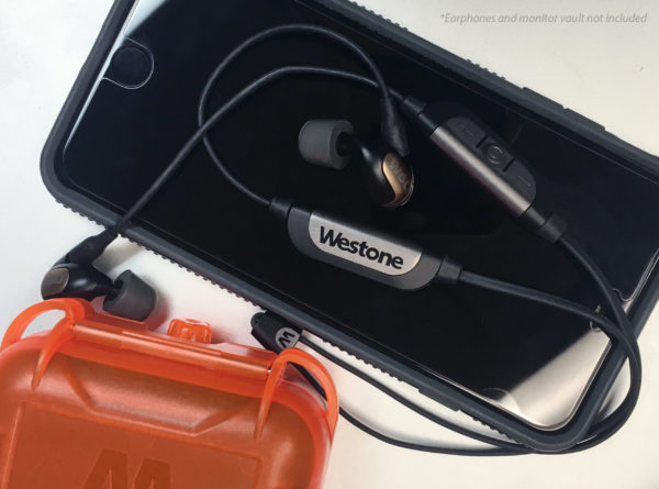 HD image showcasing a Westone Audio Earpiece with the Bluetooth Cable, elegantly presented alongside its protective case