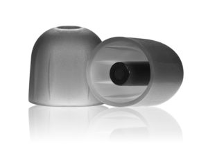 A single grey silicone ear tip sized 12mm, from a 5-pair pack of black silicone ear tips for use with in-ear monitors (IEMs).