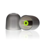 A close-up of a pair of green silicone eartips for use with in-ear monitors (IEMs). The eartips are made of soft, flexible silicone