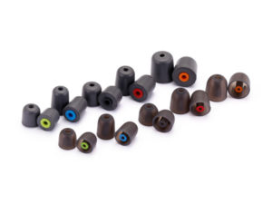 A selection of various silicone and foam ear tips for use with Westone in-ear monitors (IEMs).