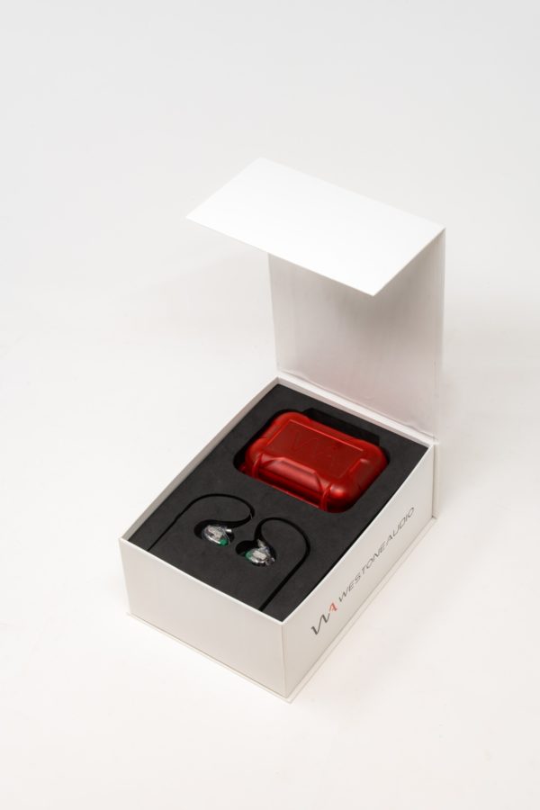 A white box with a red case inside. The box is labeled with the Westone Audio Pro-X30 logo