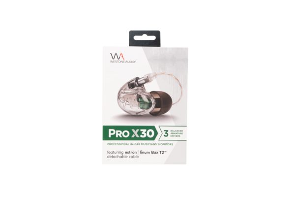 A close-up image of the exterior packaging of the Westone Audio Pro-X30 in-ear monitors (IEMs).