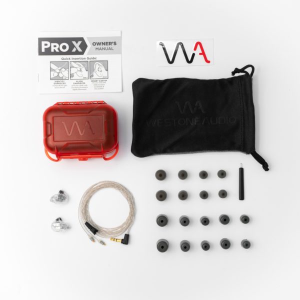 Westone Audio Pro-X50 in-ear monitors (IEMs) with accessories, including ear tips, cable, case, and instructions