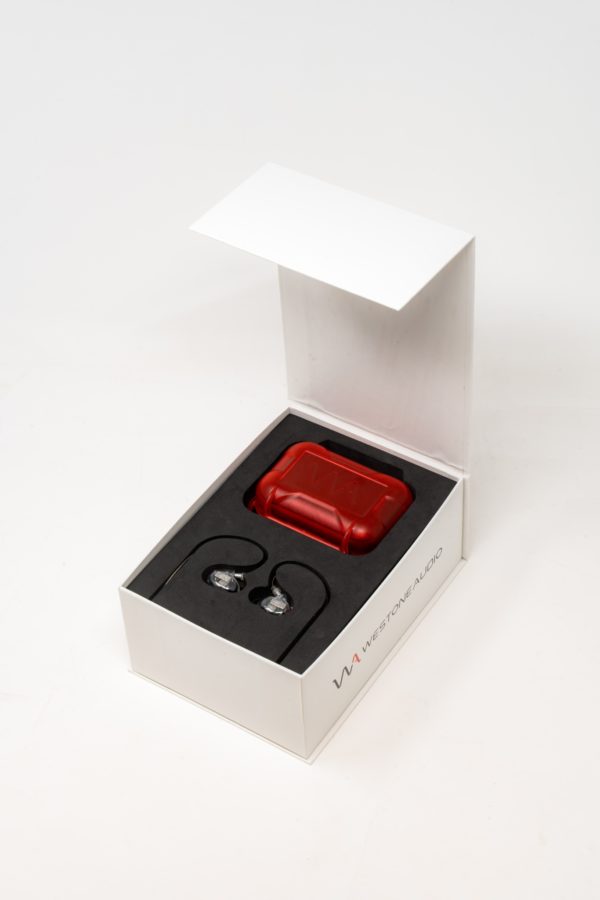 A white box with a red hard case inside. The box is labeled with the Westone Audio Pro-X50 logo.