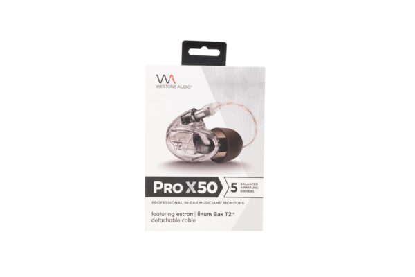 A close-up image of the exterior packaging of the Westone Audio Pro-X50 in-ear monitors (IEMs).