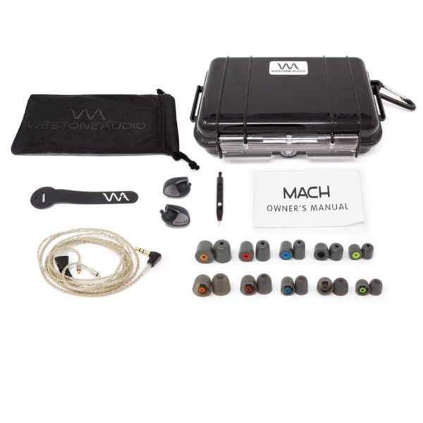 Unboxing photo displaying included accessories with purchase of Westone Audio MACH80 earphones
