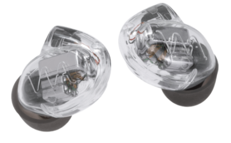 A pair of Westone Audio Pro X series in-ear monitors (IEMs) with clear faceplates.